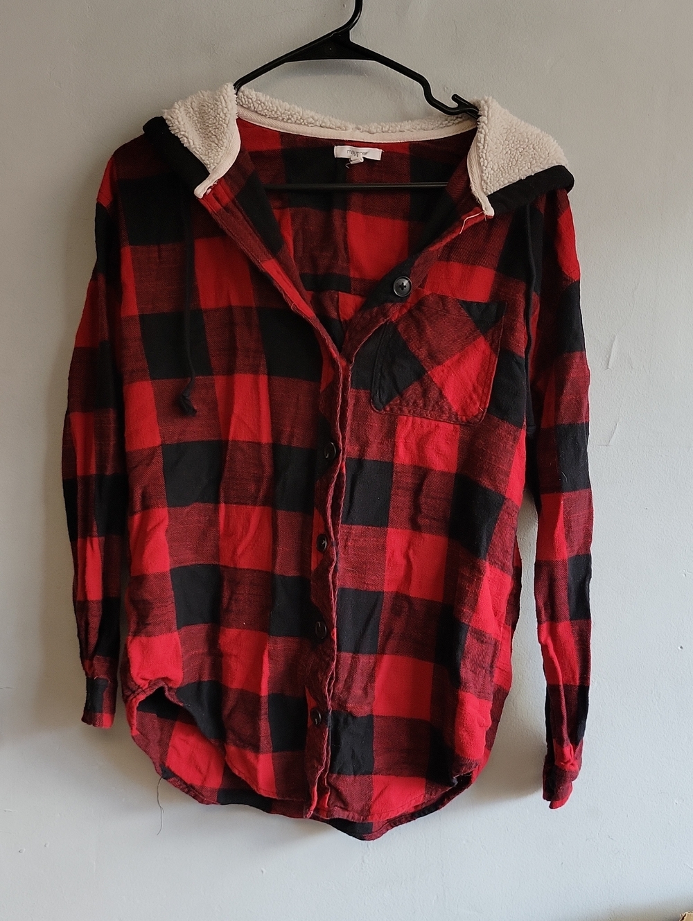 Womens XS Maurices red/black buffalo plaid flannel sherpa hood long sleeve shirt